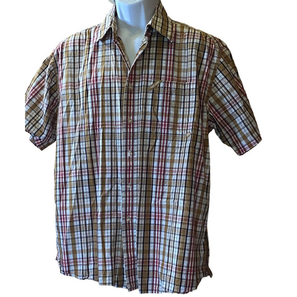 Ecko Mens L Earth Tone Plaid Cranberry Stripe Button Front Short Sleeve Shirt - Picture 1 of 10